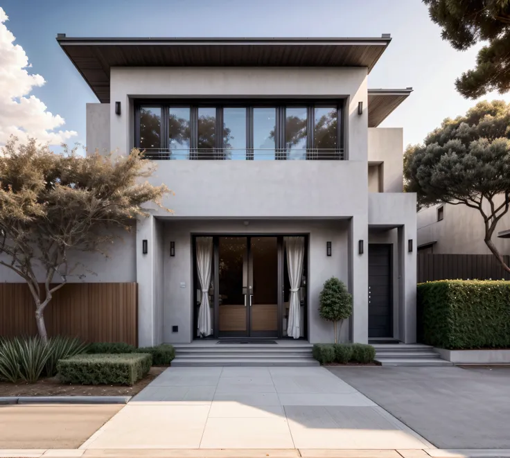 CRU photo,work of art, high qualiy, best qualityer, authentic, super detaill, plein-air, (((front-facing))), villa seen from the front, vista front-facing, single storey villaXL, aiai group, modern house style on the street, front house, visão front-facing...