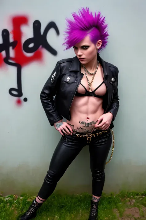 (work of art, best qualityer:1.2), 1 girl ,intrincately detailed, "Punk Girl", in dynamic pose, ((spike mohawk hair, punk hair, wearing a black jacket, chains, Rocket style, tattooed , hot body, abs)) . Shallow depth of field, vignette, highy detailed, hig...