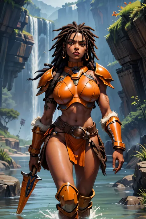 portrait of african woman with (short black dreadlocks), short black hair pulled back, wearing a (heavy orange mechanical armor:...