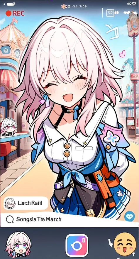 1girl, solo,March 7th (Honkai: Star Rail), upper body, arms behind back, leaning forwards,  social media post, comment bubbles, heart, emojis, cellphone screenshot, recording interface, dress, cleavage, eyes closed, amusement park