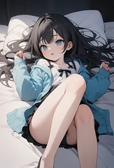 high quality, 最high quality、 Stylish design, (((The cutest girl))), ((Thin legs))、(((最high quality))), High resolution, ((detailed)), ((masterpiece)), ((Super detailed)), 14-year-old girl、Black Hair、Inner Color、((Lying on your back in bed),underwear,I can ...