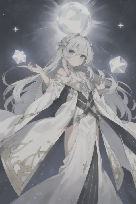 Face: Delicate figure, glistening silver eyes, gracefully arched eyebrows.
Hair: Silver, long and shiny (resembling stars at night), loose.
Body: Elegant and mighty
Attire: Long robe, silver, with detailed patterns.
Equipment: Gem Necklace