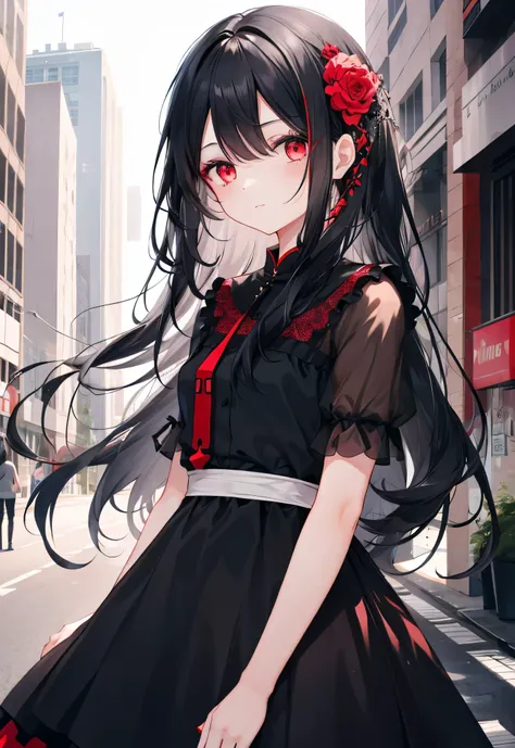 A girl with long black hair and red eyes wearing cute dress    (mature girl),