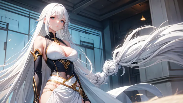 Create a character with white hair, smooth, falling to her waist