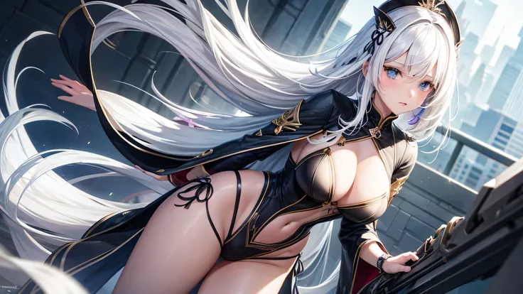 Create a character with white hair, smooth, falling to her waist