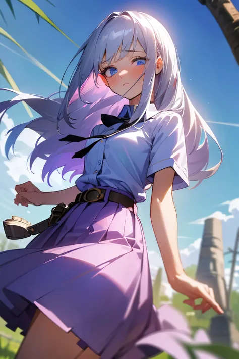 (masterpiece, best quality, absurdres, very detailed eyes), 1girl, solo, solofocus, silver hair, long hair, blue eyes, bangs, closeup, belt  blush  collared shirt   light bulb  long skirt  one eye closed  purple belt purple skirt  shirt  short sleeves  ski...