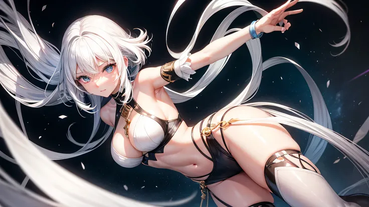 Create a character with white hair, smooth, falling to her waist