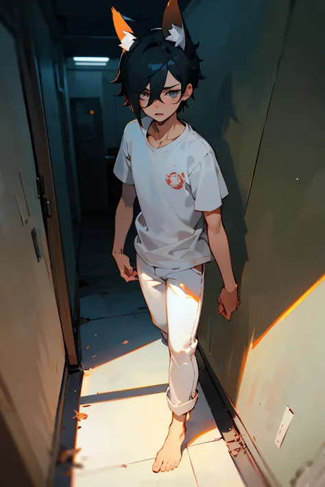 Two-tailed kitsune boy with black hair wearing a white t-shirt and white pants without shoes with an expression of sadness and fear. With a scar under his right eye. In the background, the darkly lit hallway of an underground laboratory. 

