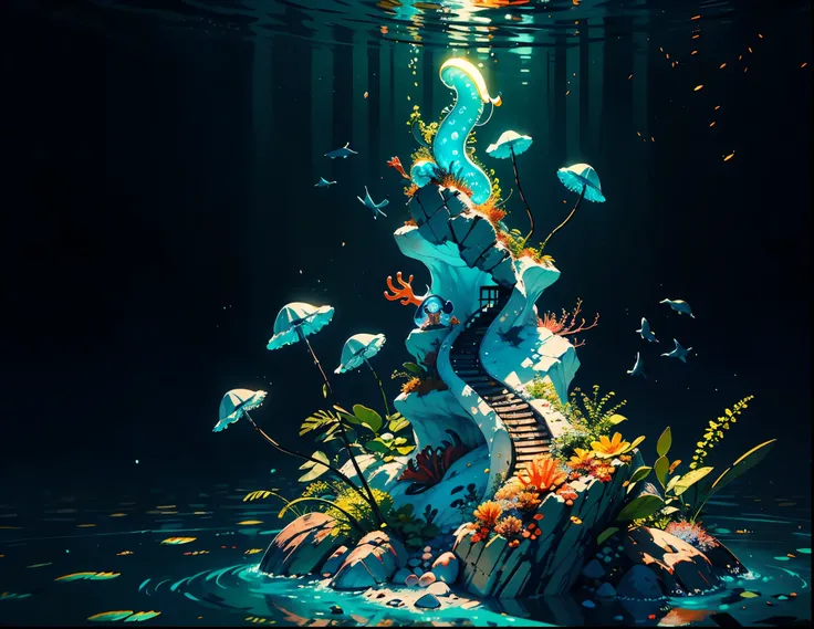 Masterpiece, best quality, (very detailed CG unity 8k wallpapers), (best quality), (best illustrations), (best shadows), marine theme with natural elements. Tall mangroves, rich marine plants, glowing jellyfish, surrounded by schools of fish, glowing parti...