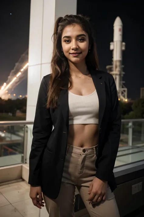 ((best quality)), ((masterpiece)), (detailed), 
A 21 year old beautiful Indian girl with long hair smiling face beautiful eyes ponytail hairstyle wearing suit coat pant dark standing in space centre a large rocket under construction background