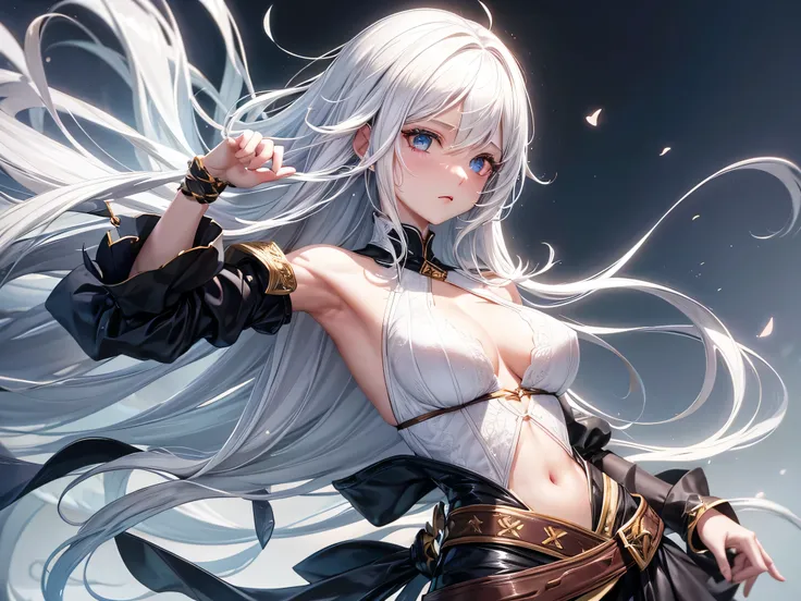 Create a character with white hair, smooth, falling to her waist, smaller breasts