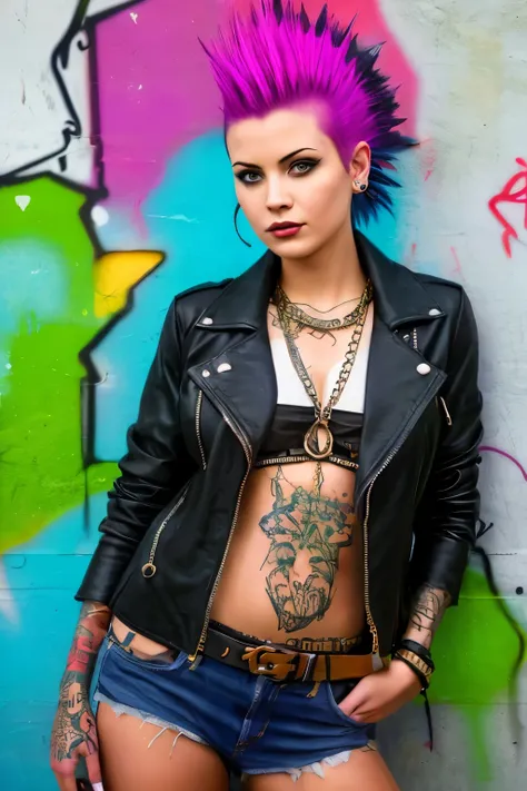 (work of art, best qualityer:1.2), 1 girl ,intrincately detailed, "Punk Girl", in dynamic pose, ((spike mohawk hair, punk hair, wearing a black jacket, chains, Rocket style, tattooed , (((hot Body))) , abs)) . Shallow depth of field, vignette, highy detail...