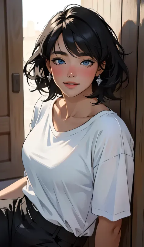 (best quality,4k,8k,highres,masterpiece:1.2),ultra-detailed,(realistic,photorealistic,photo-realistic:1.37),portraits,sexy,cute,woman,short black hair,bob style,beautiful face,plump face,seductive blue eyes,medium nose,deep pink blush,glossy red lips,smili...