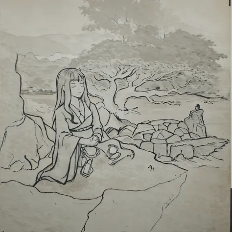 Anime girl mediating with one eyes closed above the rock edge of the side of the river, with a nearby trunk of tree. The background has a large Sakura tree with a boulder beside it and a man standing. The setting is near the edge of waterfall. The color gr...