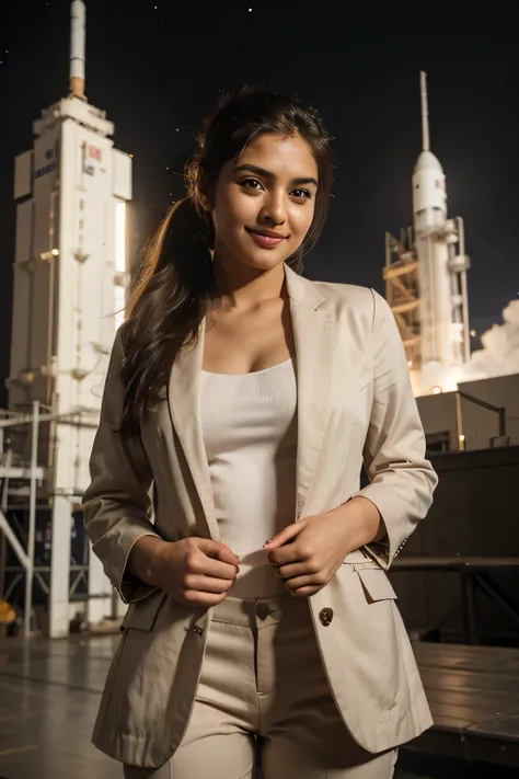 ((best quality)), ((masterpiece)), (detailed),
A 21 year old beautiful Indian girl with long hair smiling face beautiful eyes ponytail hairstyle wearing suit coat pant dark standing in space centre a large rocket under construction background