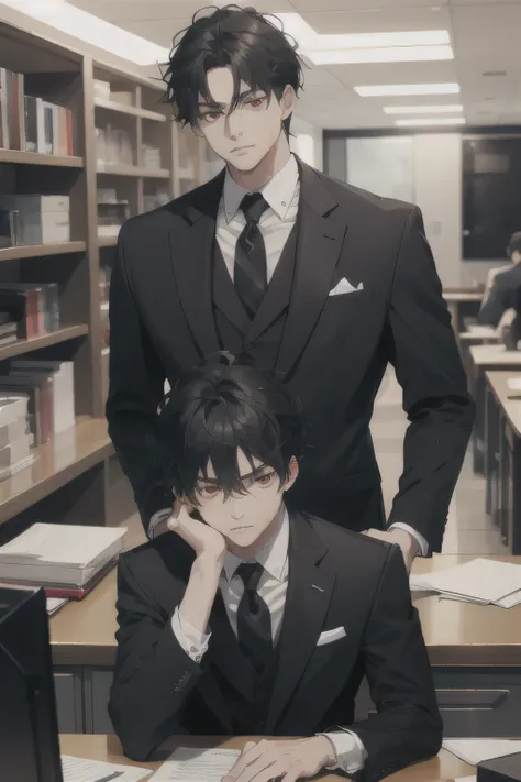 man, mid age, black hair, red eyes, serious expression, elegant desk, suit