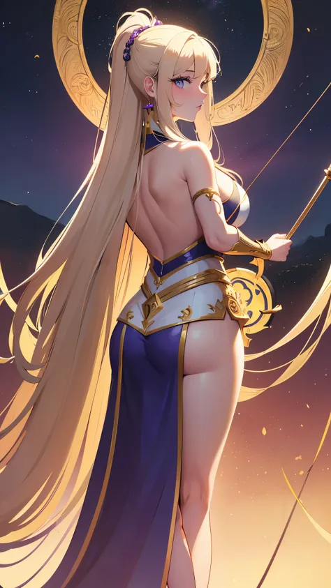 (((amazing powerful archery white girl))), showing her (((curvy))) yet athletic (((sensual full-body, back side, back view))), (perfectly angelic face), dressed in beautiful purple clothes with advanced tech (golden armor), featuring golden esoteric and ch...