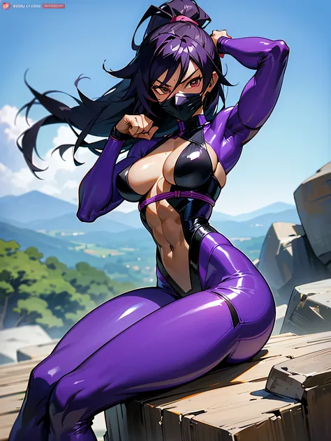 18 year old Yoruichi Shihōin from Bleach with tanned skin in a purple latex bodysuit, and wearing a black surgical mask, flexing her muscles with her hands behind her head so they are not visible to pridefully showing off her rock hard abs while sitting on...