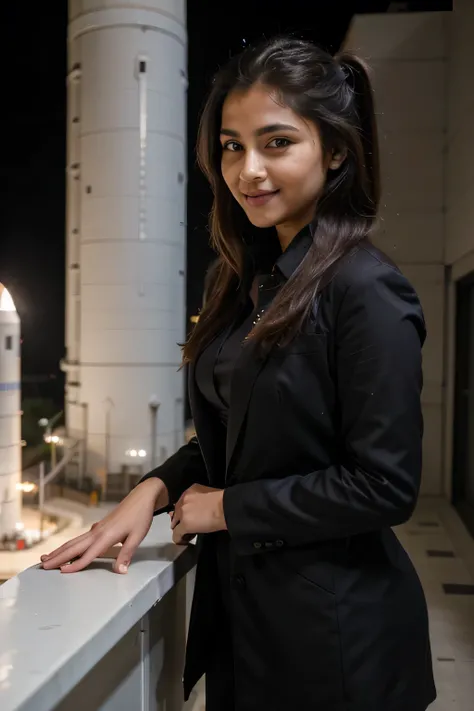 ((best quality)), ((masterpiece)), (detailed),
A 21 year old beautiful Indian girl with long hair smiling face beautiful eyes ponytail hairstyle wearing suit coat pant blazer dark colour dress standing in space centre a large rocket under construction back...