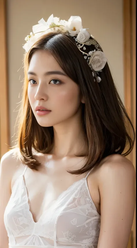 White Lingerie,((Highest quality, 8k, masterpiece:1.3)), concentrated: 1.2, Perfect Body Beauty: 1.4, Hip: 1.2, Layered Haircut, Highly detailed face and skin texture, Delicate eyes, double eyelid, White skin, Long brown hair、slim、thin、Model body type