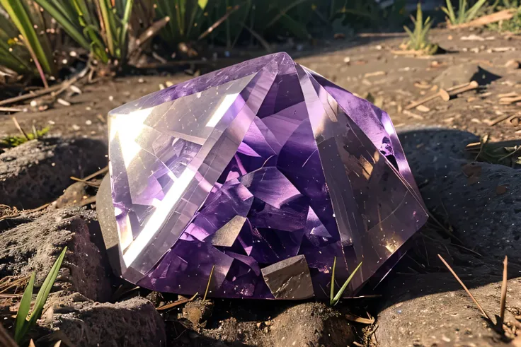 Amethyst quartz in the grass. realistic, chevron, gemstone, 