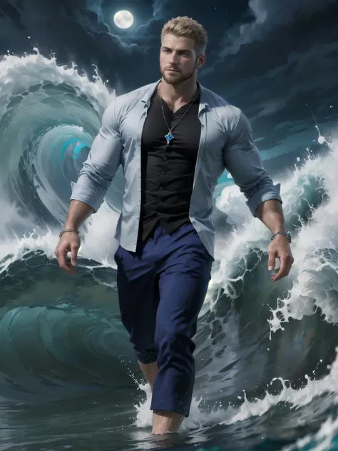 (ocean greek god), hydromancer, muscular mature male, water magic, handsome, short beard, short hair, mystic, modern outfit, mas...