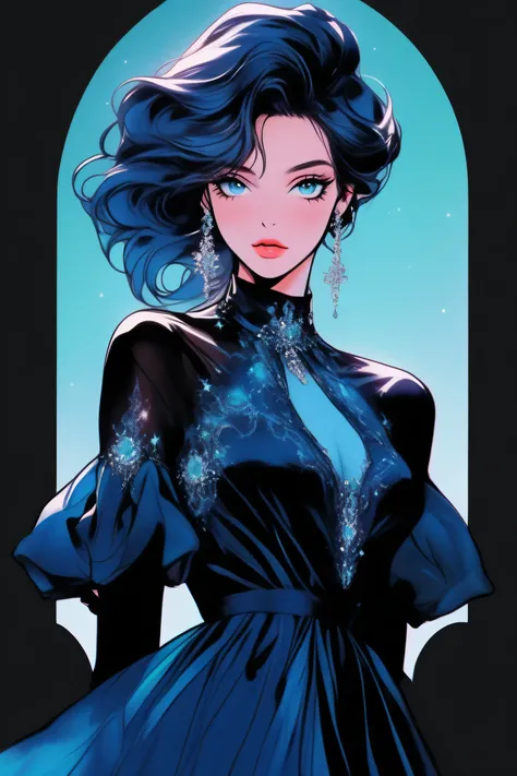 (Best quality, sketch:1.2),realistic,illustrator,anime,1 girl, detailed lips,custom, bad women, details, black and aquamarine gradient background,neon hair,Textured trim, masterpiece, retro classic style, [female mannequin close up, Sexy dress, silk dress,...