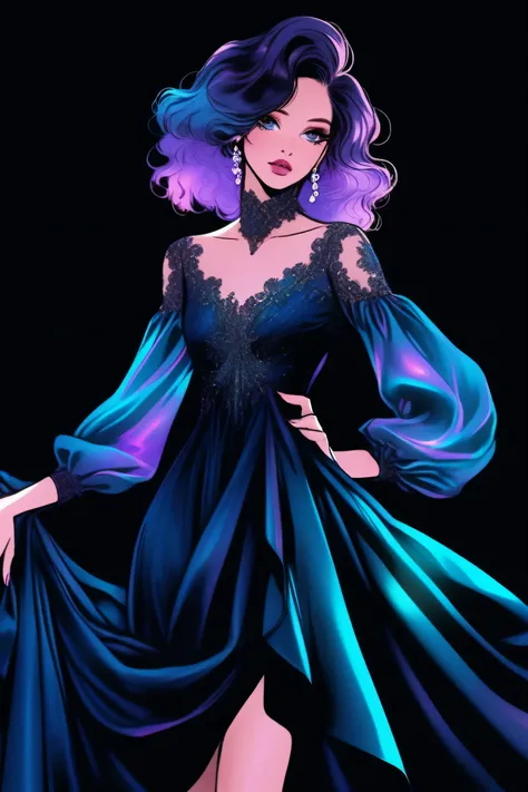 (Best quality, sketch:1.2),realistic,illustrator,anime,1 girl, detailed lips,custom, bad women, details, black and aquamarine gradient background,neon hair,Textured trim, masterpiece, retro classic style, [female mannequin close up, Sexy dress, silk dress,...