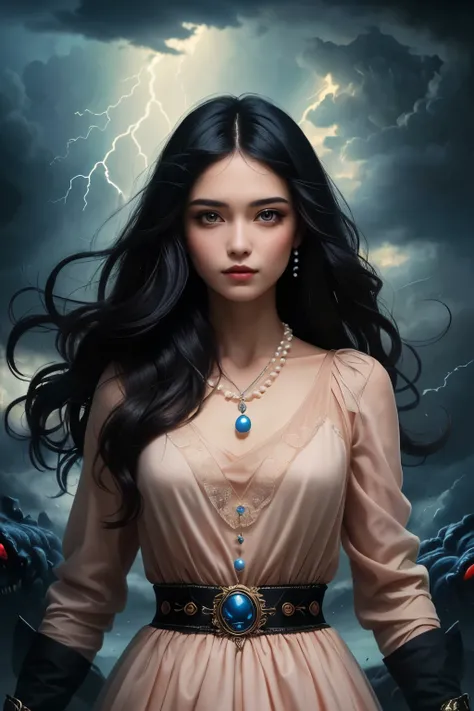 ((best quality)), ((masterpiece)), (detailed), A digital illustration of a young woman in peach color dress with long black hair wearing a pearl locket surrounded by dark storm clouds and monsters. She has a positive energy above her and a word Jimni girl ...