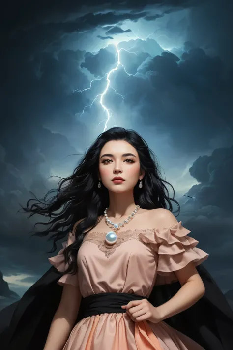 ((best quality)), ((masterpiece)), (detailed), A digital illustration of a young woman in peach color dress with long black hair wearing a pearl locket surrounded by dark storm clouds and monsters. She has a positive energy above her and a word Jimni girl ...