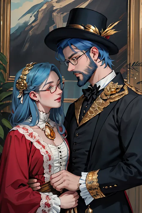 man, 50 years, blue hair, Blue eyes, an aristocratическая одежда, Smart Face, Glasses, an aristocrat, gold elements on clothes, black and red clothes, European Clothing, Victorian era, beard,
