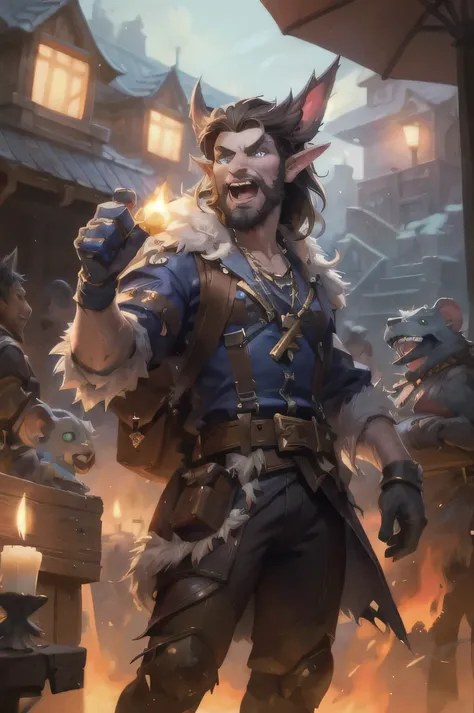 EDUCATE, hearthstone, facial hair, 1 chico, male focus, teeth, barba, candle, Alone, has, knife, open mouth, feathers, belt, gloves, Boots, fire, furry, from, Skull, potion, pirate has, Lantern, furry male, blue eyes, alternative costume, weapon, artist na...