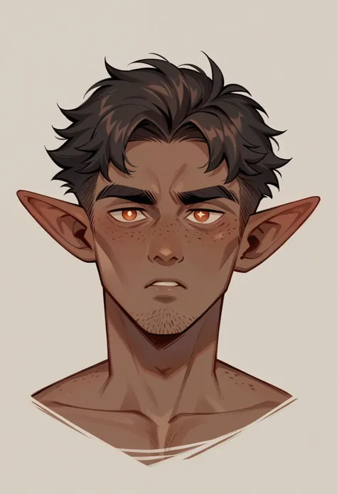 A young male elf of 16 years old with a mesomorphic build possesses olive skin and medium-length chestnut hair styled in an ordinary fashion. His square face is framed by wide, arched eyebrows and deep-set, almond-shaped eyes, giving him an intense, focuse...