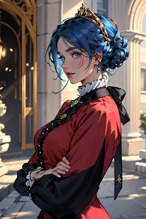 woman,, 50 years, blue hair, Blue eyes, an aristocratическая одежда, Smart Face, an aristocrat, gold elements on clothes, black and red clothes, European Clothing, Victorian era,
