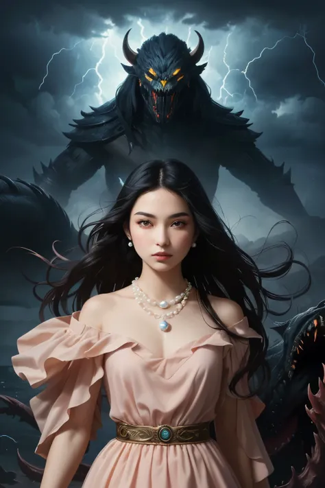 ((best quality)), ((masterpiece)), (detailed), A digital illustration of a young woman in peach color dress with long black hair wearing a pearl locket surrounded by dark storm clouds and monsters. She has a positive energy above her and a word Jimni girl ...