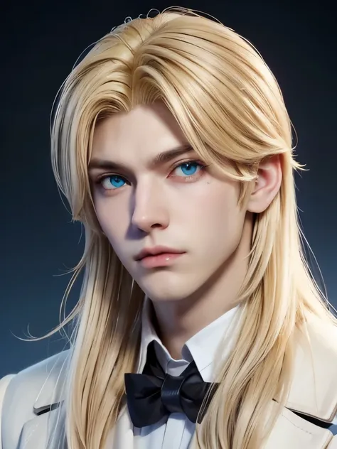 A tall man character, offwhite, vampyre, bonitas, with body postured in shape, blue color eyes, blondie hair, blonde and fluffy eyebrow. Anime2D manhwa style.