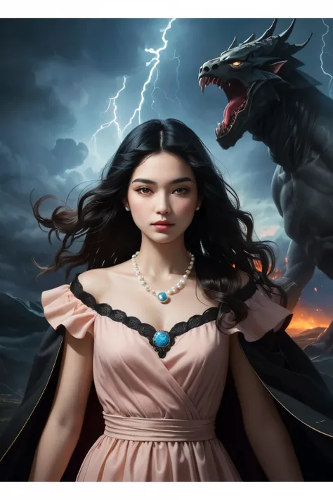 ((best quality)), ((masterpiece)), (detailed), A digital illustration of a young woman in peach color dress with long black hair wearing a pearl locket surrounded by dark storm clouds and monsters. She has a positive energy above her and a word Jimni girl ...