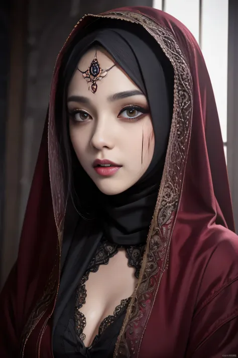 nsfw, blood, horror, fang, vampire, hijabi, Absurd, ultra-detailed, high quality, masterpiece, detailed face, beautiful eyes(detailed eyes)