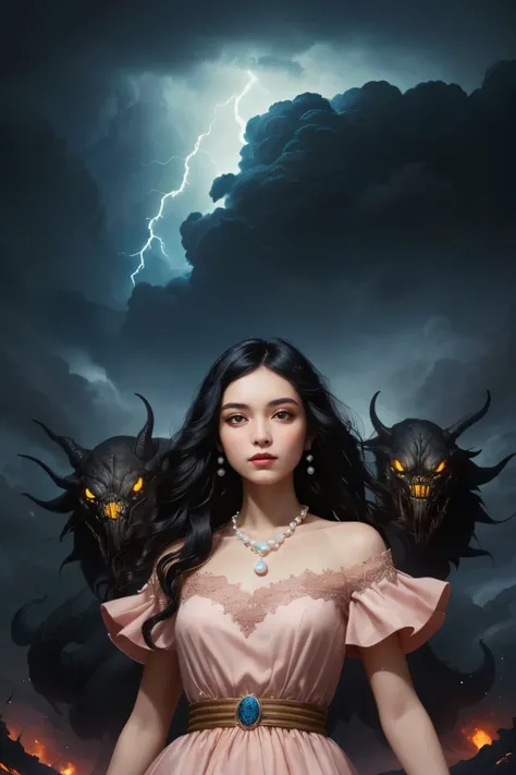 ((best quality)), ((masterpiece)), (detailed), A digital illustration of a young woman in peach color dress with long black hair wearing a pearl locket surrounded by dark storm clouds and monsters. She has a positive energy above her and a word Jimni girl ...