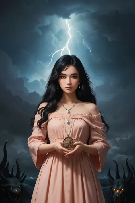 ((best quality)), ((masterpiece)), (detailed), A digital illustration of a young woman in peach color dress with long black hair wearing a pearl locket surrounded by dark storm clouds and monsters. She has a positive energy above her and a word Jimni girl ...