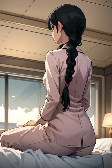 (masterpiece, best quality:1.2), highly detailed, 1girl, solo, black hair, seen from behind, , long hair, braid hairstyle pajamas, sitting, on bed, looking at ceiling ,  ,
