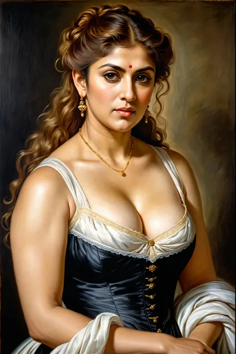 Looks like Nayanthara, portrait painting of a thick Beautiful middle aged woman, extremely gorgeous, wearing a Victorian Camisole dress or chemise, by Peter Paul Rubens, in Peter Paul Rubens style, by Caravaggio, intricate, flawless, masterpiece, Best qual...