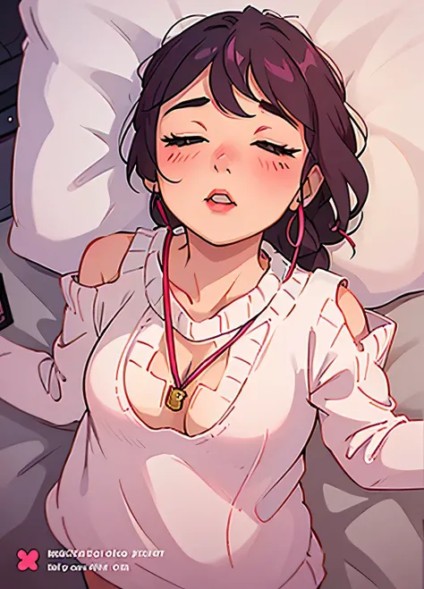 Sexy woman, eyes closed, mouth open, very deep blush, tip of the nose is red, long neck, off shoulder pink sweater, medium chest, visible cleavage, bedroom, warm lighting ,in bed