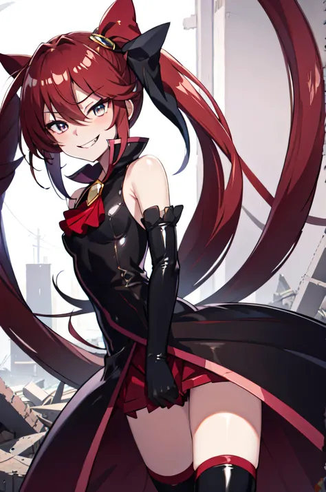 Highest quality, masterpiece, One Girl,Not beautiful, Red Ponytail, Long dress, brooch, Hair Ribbon, - Elbow hand pockets, Black knee socks, Standing on the rubble,  (Wicked Smile:1.1), ,,Dark shadowed face,Sadistic smile,Malice,Contempt,smile,latex,Bad fa...