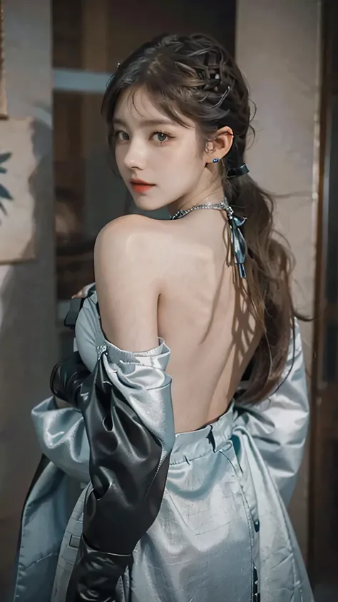 1girl, aqua eyes, back, bangs, bare shoulders, black gloves, blue eyes, braid, choker, earrings, fingerless gloves, from behind, gloves, grey hair, holding, jacket, jewelry, long hair, looking at viewer, looking back, nail polish, off shoulder, parted lips...