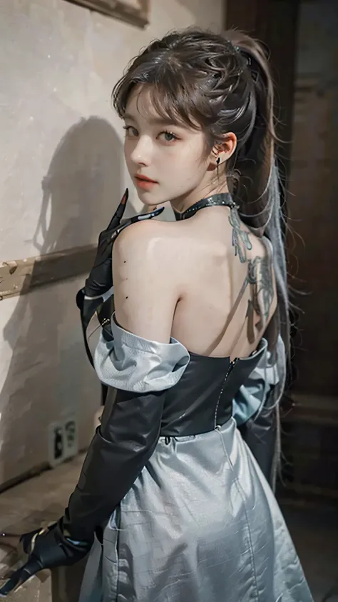 1girl, aqua eyes, back, bangs, bare shoulders, black gloves, blue eyes, braid, choker, earrings, fingerless gloves, from behind, gloves, grey hair, holding, jacket, jewelry, long hair, looking at viewer, looking back, nail polish, off shoulder, parted lips...