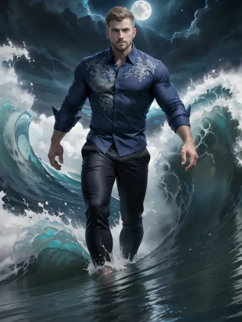 (ocean greek god), hydromancer, muscular mature male, water magic, handsome, short beard, short hair, mystic, modern outfit, mas...