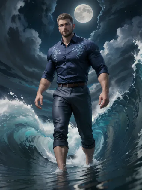 (ocean greek god), hydromancer, muscular mature male, water magic, handsome, short beard, short hair, mystic, modern outfit, mas...