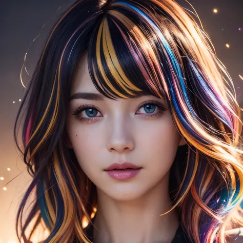 {{masterpiece}}, highest quality, Highly detailed CG Unity 8K wallpaper, cinematic lighting, Lens flare, beautiful detailed eyes, black, side line, multi-colored hair, colorful light, particle, heterochromia, (colorful:1.5), (colorful hair:1.5),
