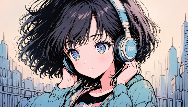 Beautiful 1girl, solo, gentle smile on her face flat chest, short hair, black hair, blue eyes, (detailed eyes), Woman with short hair,Wearing headphones and listening to music,Getting in the rhythm,City Pop,Urban Pop,Retroなレコードジャケットのイラスト